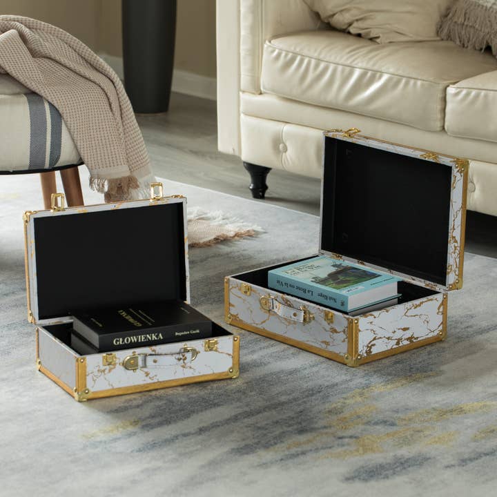 Quickway Imports – wholesale Decorative box – Set of 2 Luxury Marble White and Gold Hand Luggage Suitcase