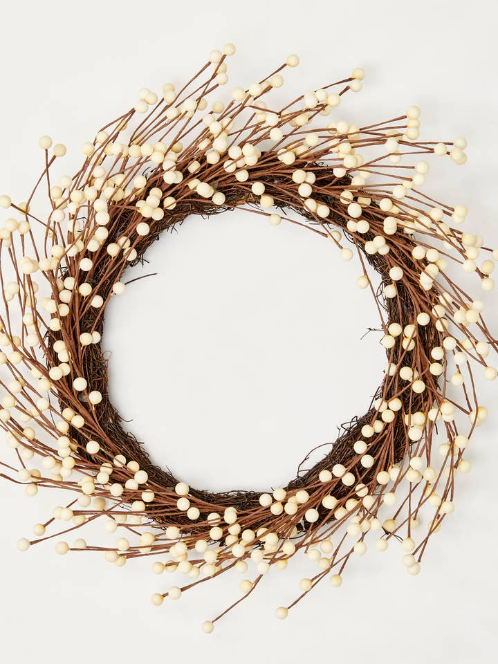 20" White Berries Wreath On Natural Twig Base for wholesale by WORTH IMPORTS