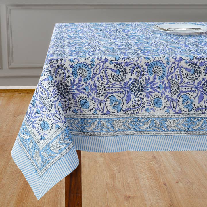 Aqua Blue Indian Hand Block Printed 100% Cotton tablecloth for wholesale by Cotton Print Club