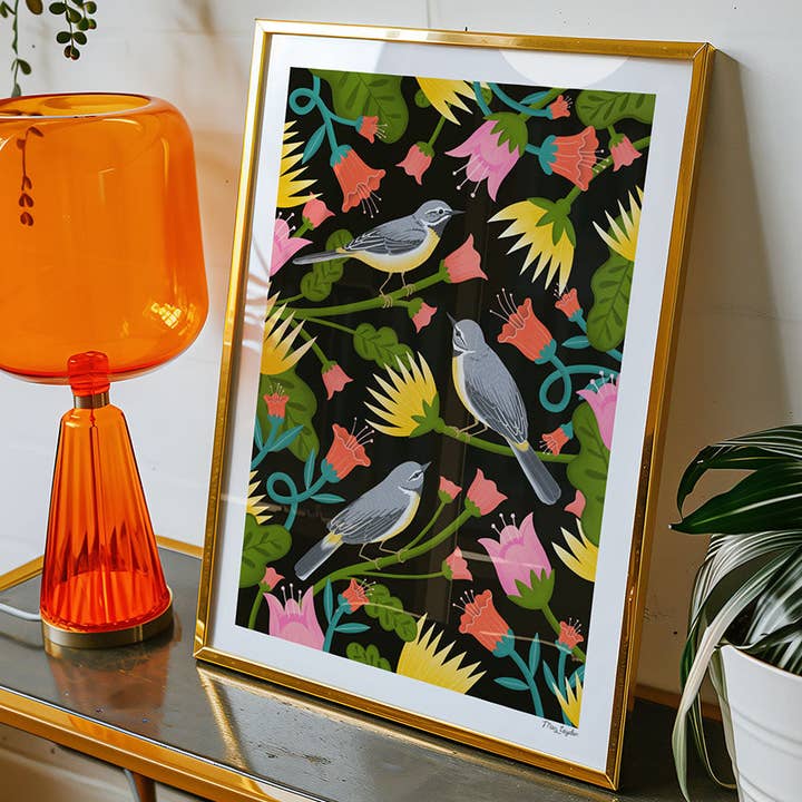 Grey Wagtail Bird Art Print – Colourful Wildlife Wall Art for wholesale by Maz Leyden