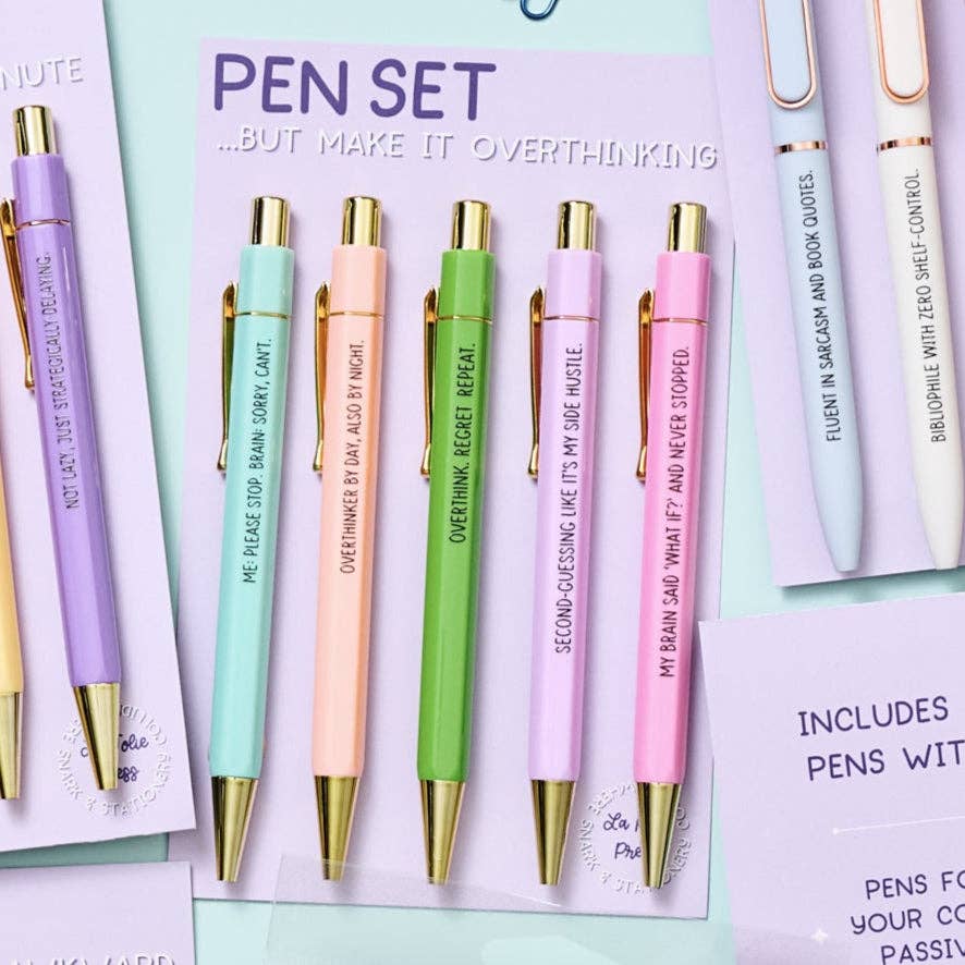 La Folie Press - Wholesale Pen - Overthinking Pens - Funny Set of 5 Ballpoint Pens for Anxious Overthinkers1