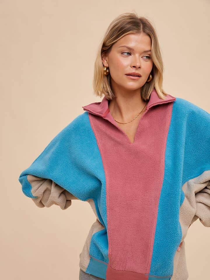 TAUPE MULTI COLOR BLOCK PANELED FLEECE PULLOVER for wholesale on Faire