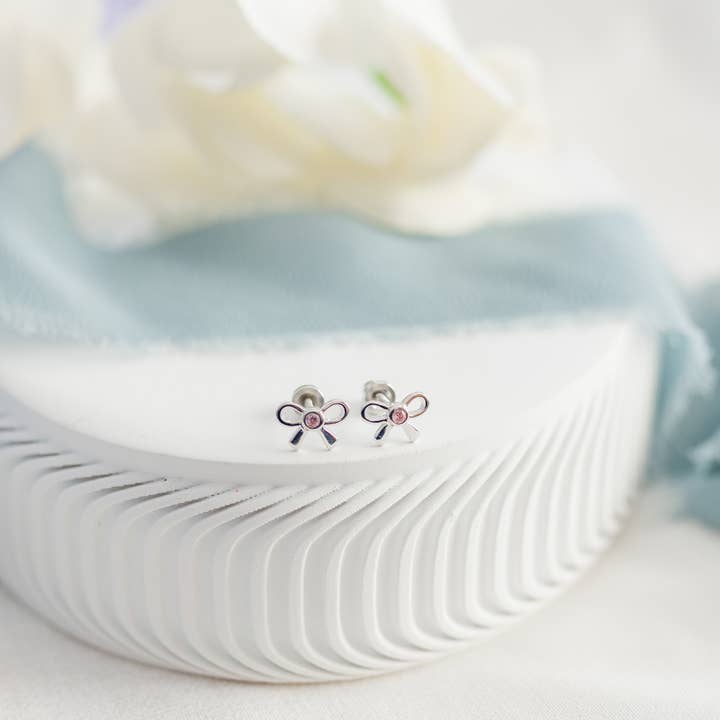 Cherished Moments - Wholesale Earrings - Kids - Girls Sterling Silver Pink Bow Screw Back Earrings for Kids1