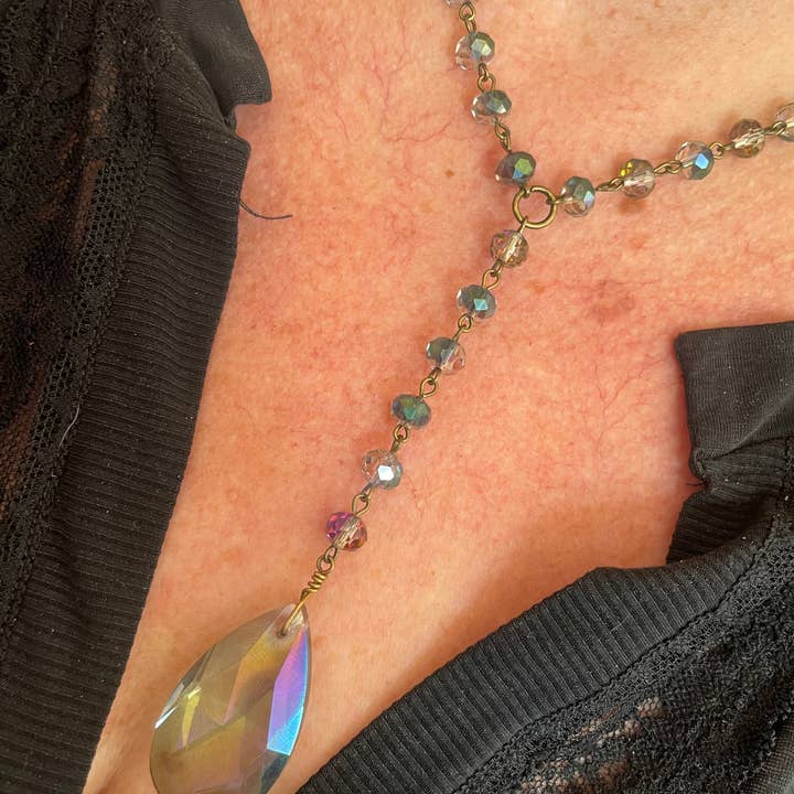 AB Crystal rosary style drop necklace- Boutique for wholesale by Savannah Hoffman Designs Artisian Jewelry