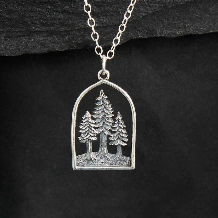 Sterling Silver Dimensional Pine Tree Forest Necklace for wholesale by Nina Designs