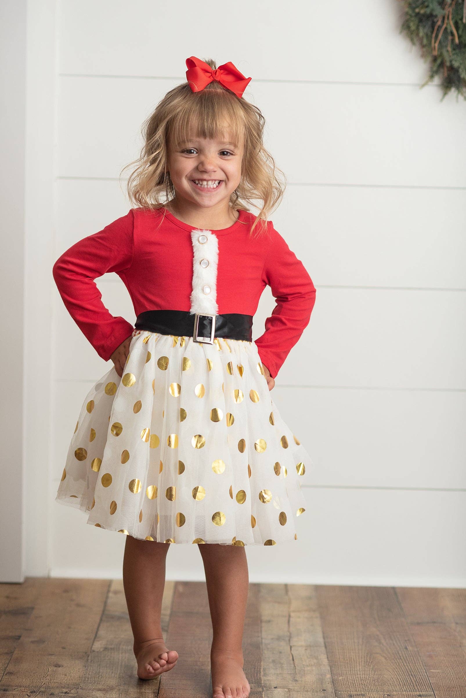Oopsie Daisy - Wholesale Dress - Kids - Kids Santa Bow Gold Dot Tulle Christmas Holiday Dress1