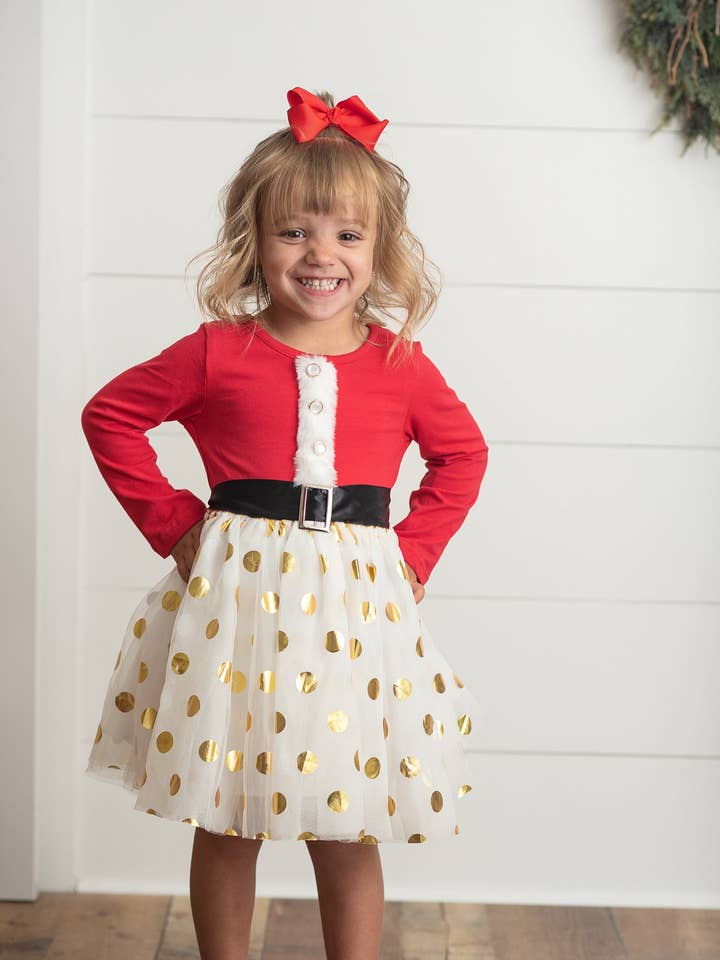 Oopsie Daisy - Wholesale Dress - Kids - Kids Santa Bow Gold Dot Tulle Christmas Holiday Dress1