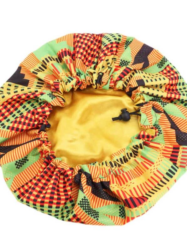 African Kente Print Adjustable Hair Bonnet ( Satin lined Night sleep cap ) for wholesale by AfricanFabs