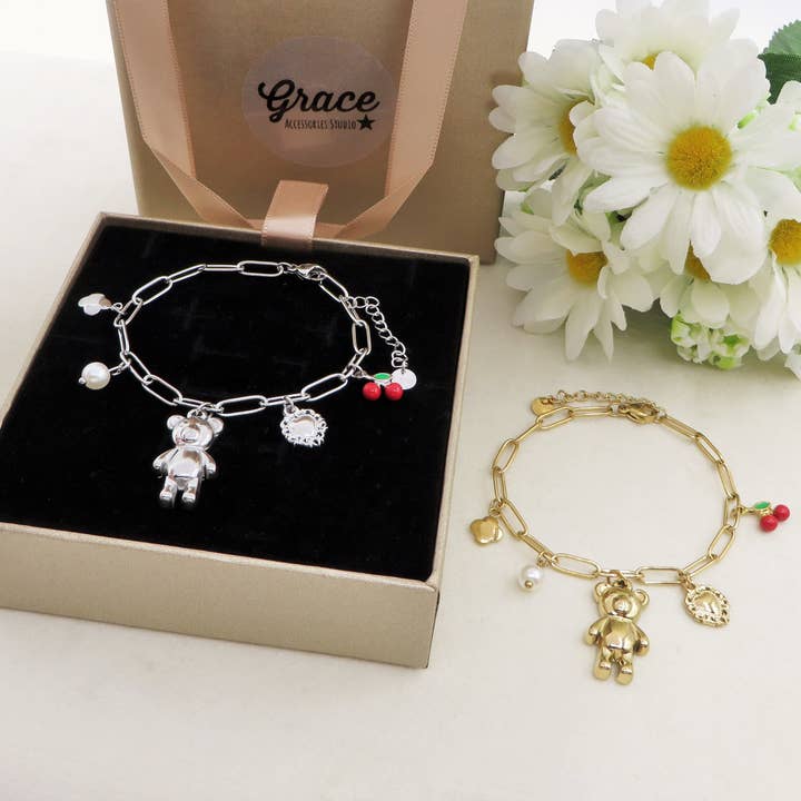 Daemon srls - Wholesale Charm/Dangle Bracelet - CHERRY TEDDY - ACCIAIO inossidabile - Bracciale catena charms orsetto, ciligie, cuore sacro4
