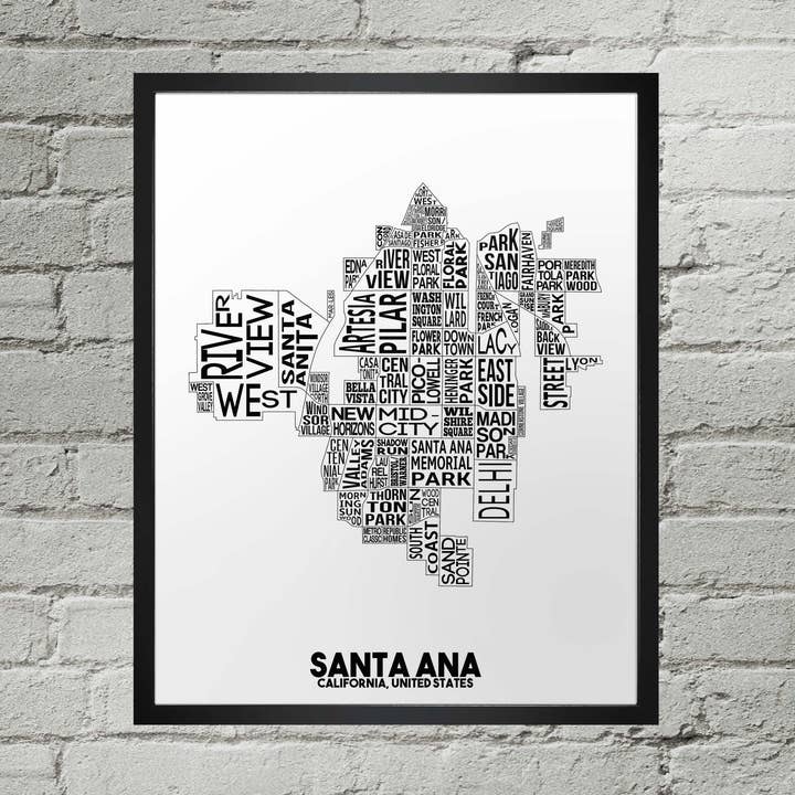 Santa Ana California Neighborhood Typography City Map Print for wholesale by Damon D Chan