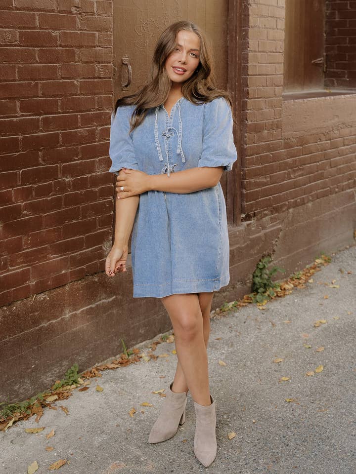 Dusk Blue Fallon Bowknot Puff Sleeve Denim Dress for wholesale on Faire2