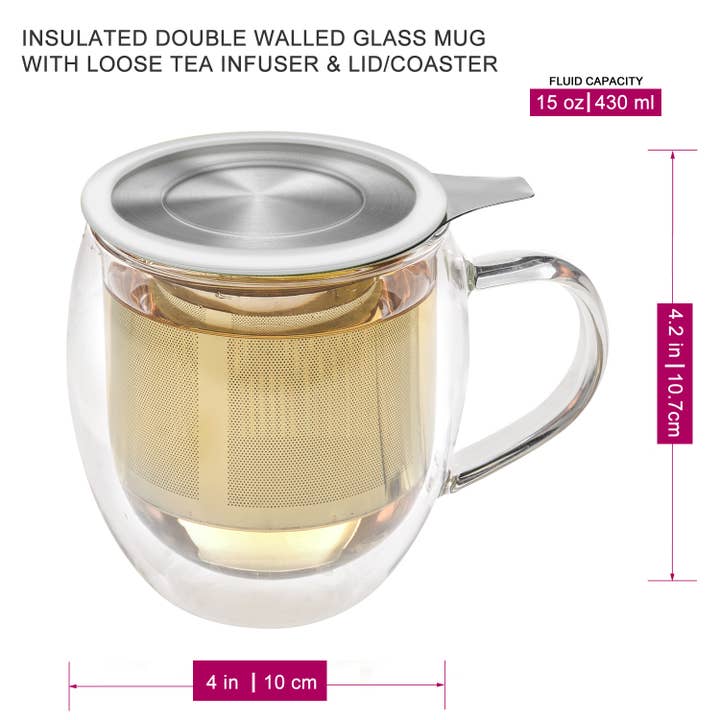 Teabloom - Wholesale Coffee Mug - Teabloom Venice Insulated Glass Mug w/ Infuser & Lid/Coaster