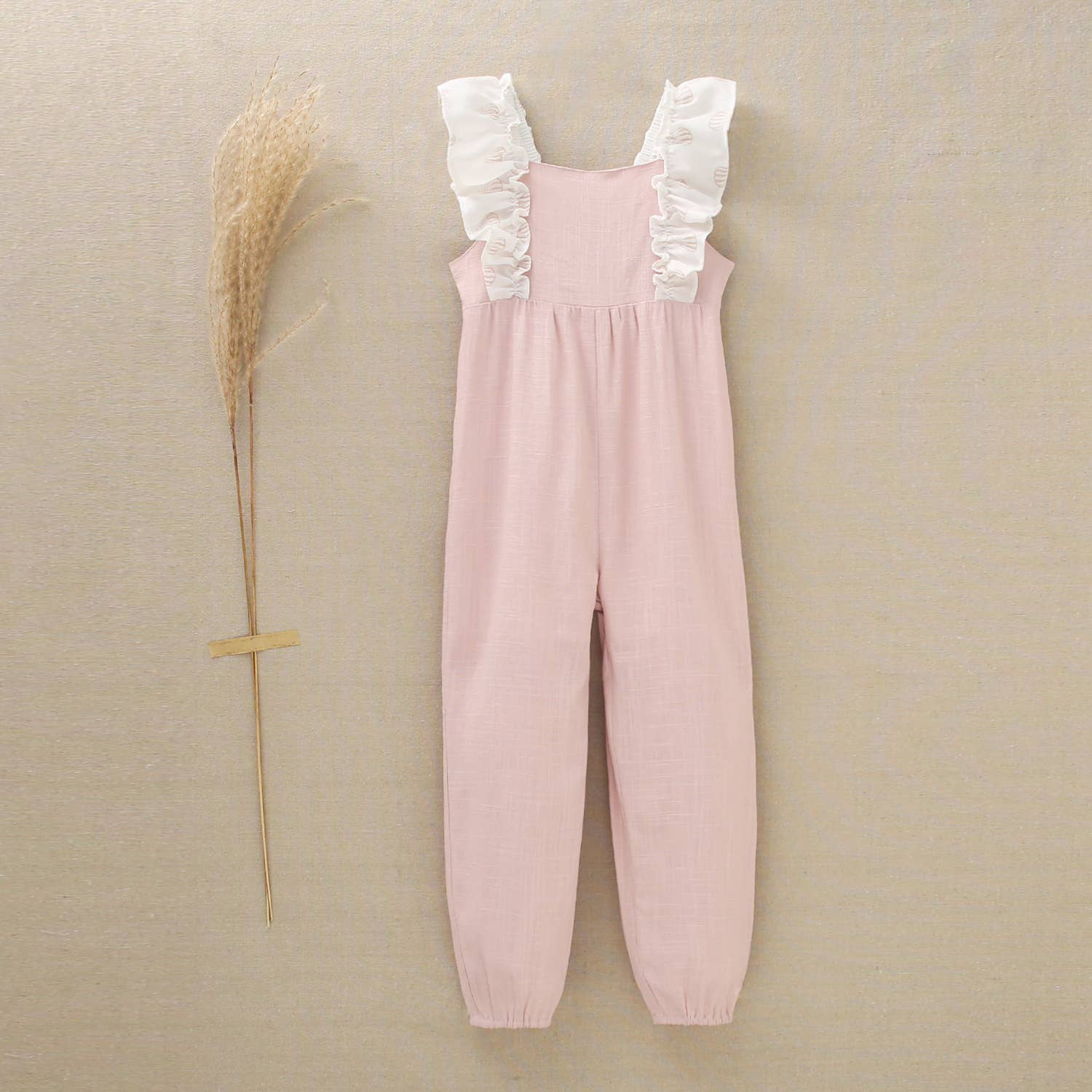 Rose Long Plain Girl's Jumpsuit with Contrast Printed Ruffles for wholesale on Faire2