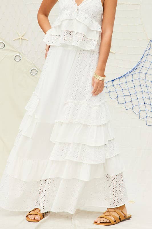 Off White Eyelet Ruffle Maxi Skirt for wholesale on Faire2