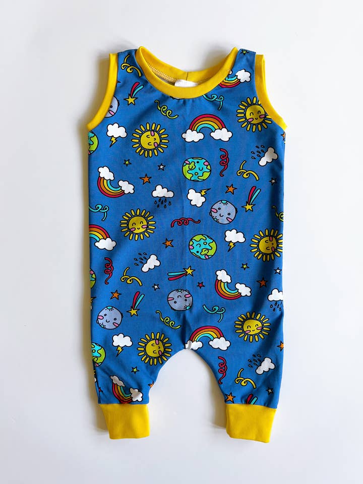 Organic Baby Dungarees - Easy On Romper - Weather Print for wholesale by Tutti Frutti clothing