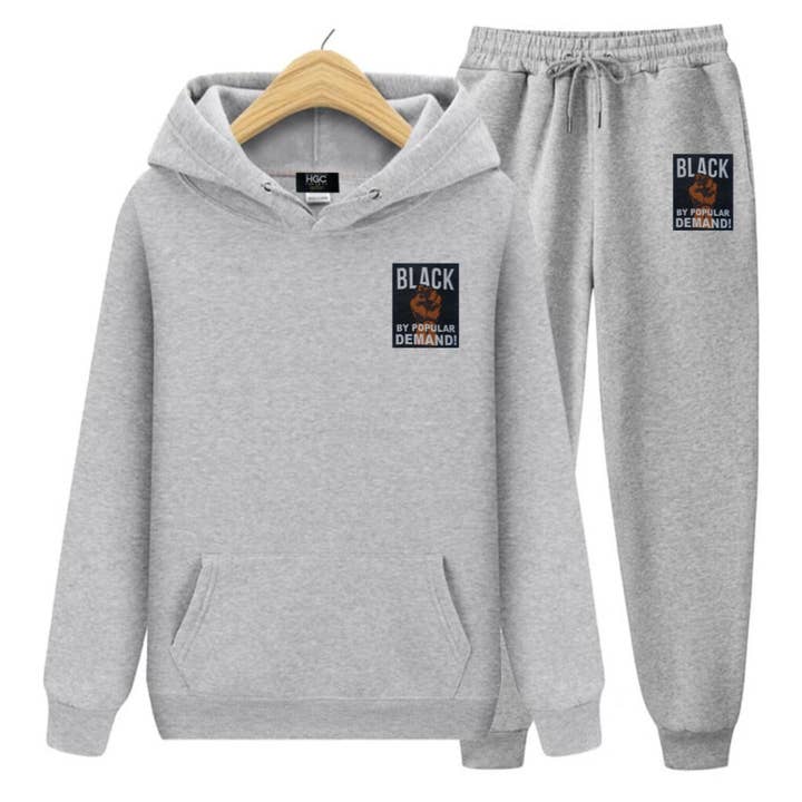 Grauer "Power"-Hoodie-Trainingsanzug "Black By Popular Demand" für den Großhandel von HGC Apparel LLC