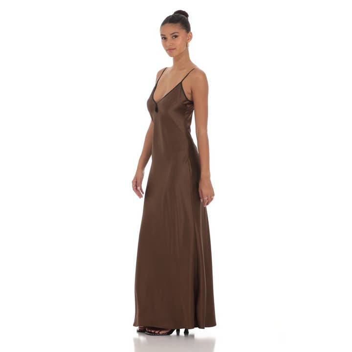 Satin Shift Maxi Dress in Brown for wholesale by Lucy In The Sky