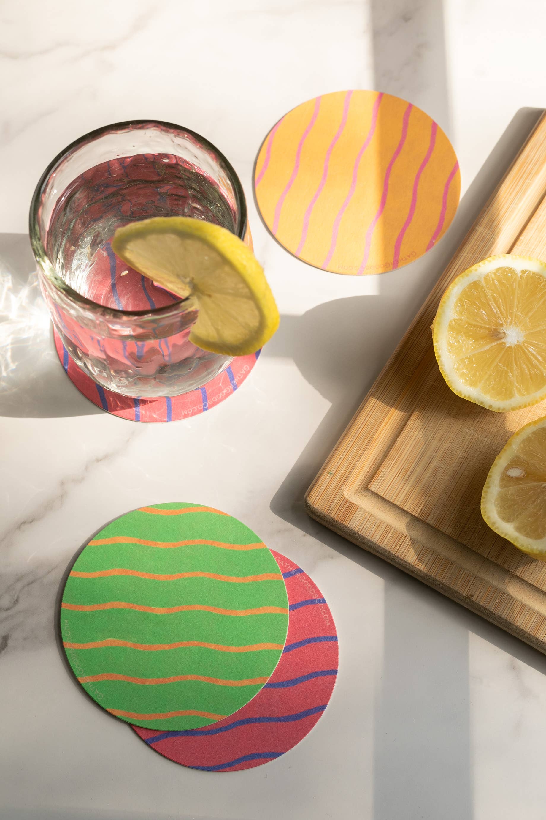 Gather Goods Co - Cards, Coasters, Tea Towels, Art, Mugs - Wholesale Coasters - Yellow & Orange Wiggly Line Striped Coaster, Set of 4