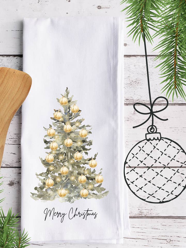 Merry Christmas Gold Tree Tea Towel for wholesale by Thecraftyshop, NORESERVATIONNEEDED, Glam