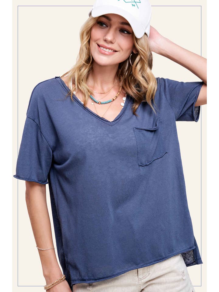 La Miel - Wholesale T-shirt – women's - JAT7459-V-neck Front Pocket Breathable Short Sleeve Top5