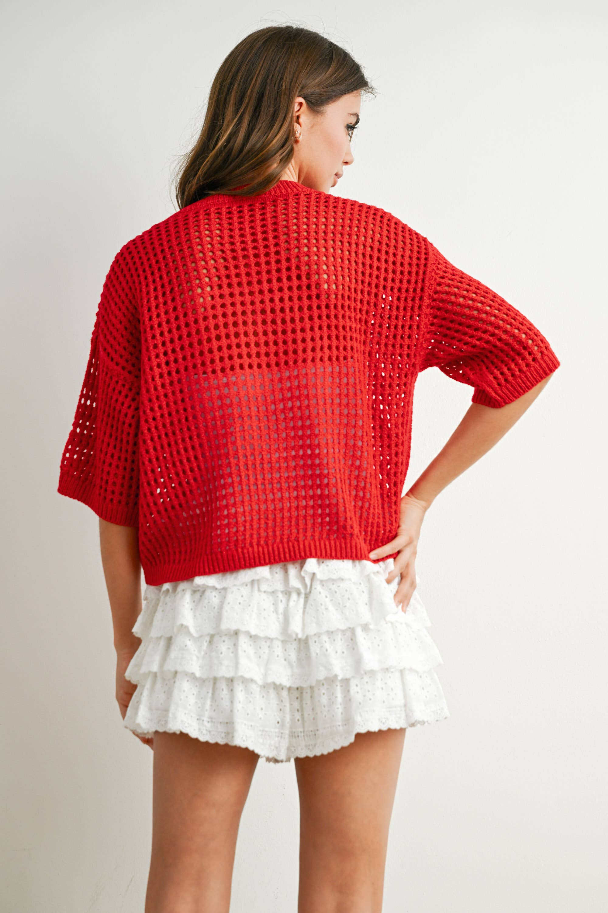 BUTTERMELON - Wholesale Knit Top - Women's - Flag Print Open Knit Crochet Sweater Top - BMW773529