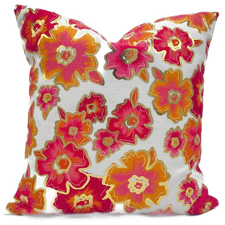 Gold Foil Pink and Orange Blooms Pillow for wholesale by Rachel Brooks Design, LLC