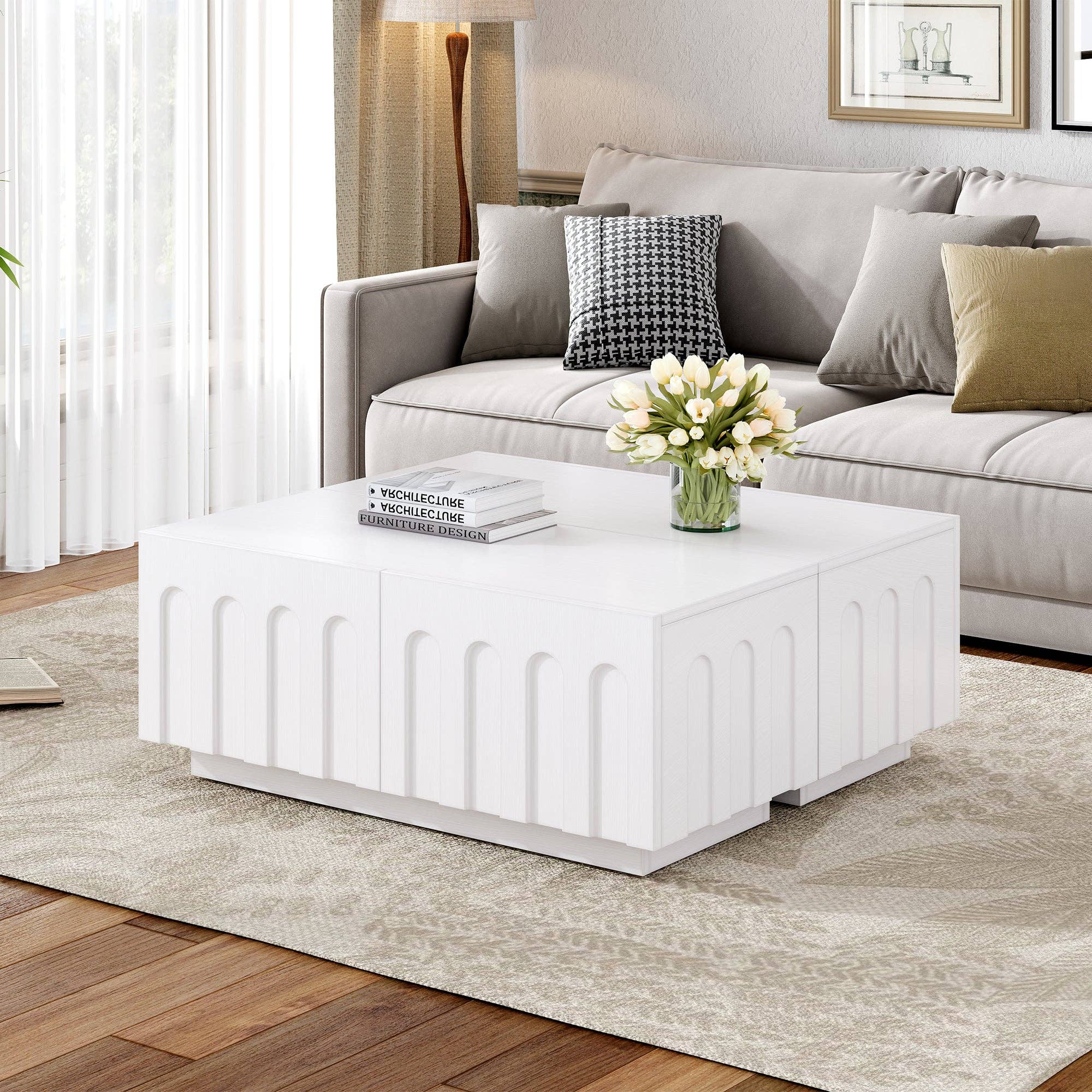 HOMYCASA DESIGN INC - Wholesale Console Table - ON-TREND Elegant TV Stand with Arched Design for TVs Up to 80', Modern Dual Purpose Coffee Table with 4 Drawers, Multi-Functional Organizer Cabinet with Storage for Living Room, Bedroom, White1