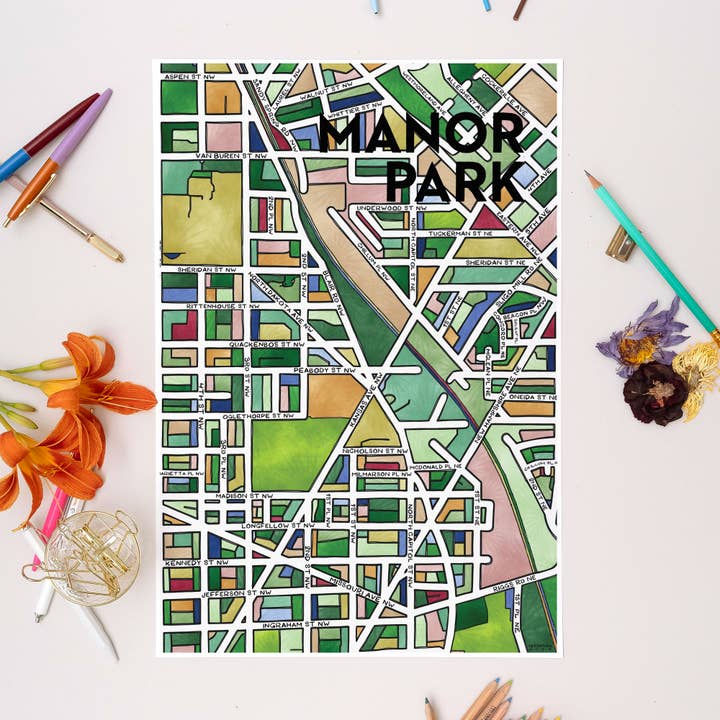 Impresión artística del mapa de Manor Park para venta al por mayor de Terratorie Maps + Goods