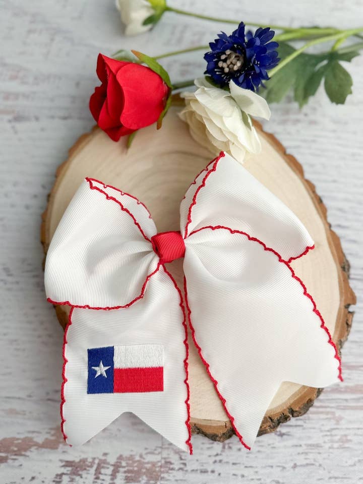 Texas Flag Embroidered Moonstitch Cheer Bow for wholesale by The Hair Bow Company