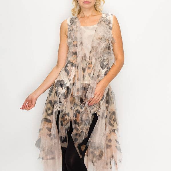 Embroidered Tulle Mesh Duster Vest- T4066 NAT-LEO for wholesale by Origami Apparel ~ Lace and Crochet inspired