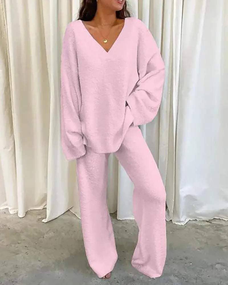 Fashion Combination - Wholesale Top & Pant Set (NOT Loungewear) - Women's - v neck long sleeve casual top pants set0