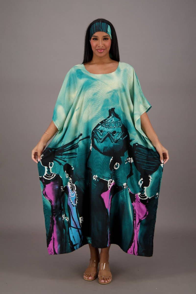 Teal Blue Water Color Inspired Kaftan KAF-42208 for wholesale on Faire0