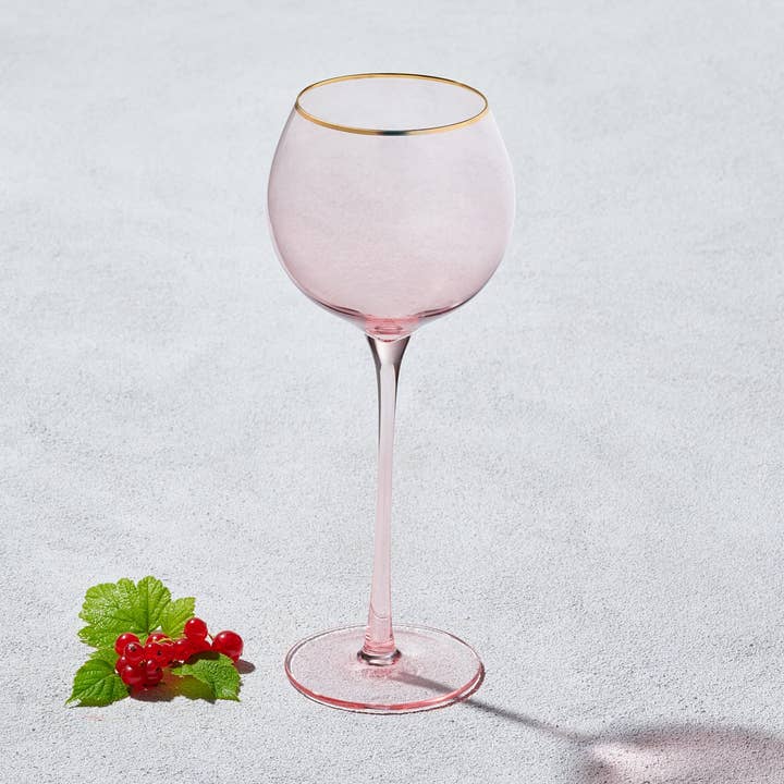 Vikko Decor Platinum Pink Gold Rim Ball Wine Glass 17oz for wholesale by Kadra Kitchenware