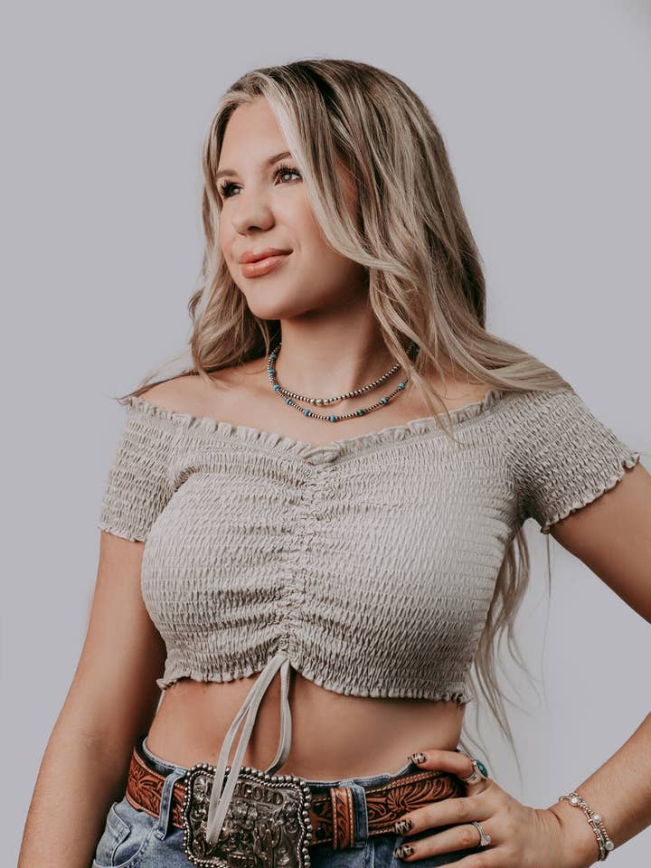 Taupe MK662 Front Tie Off Should Crop Top for wholesale on Faire