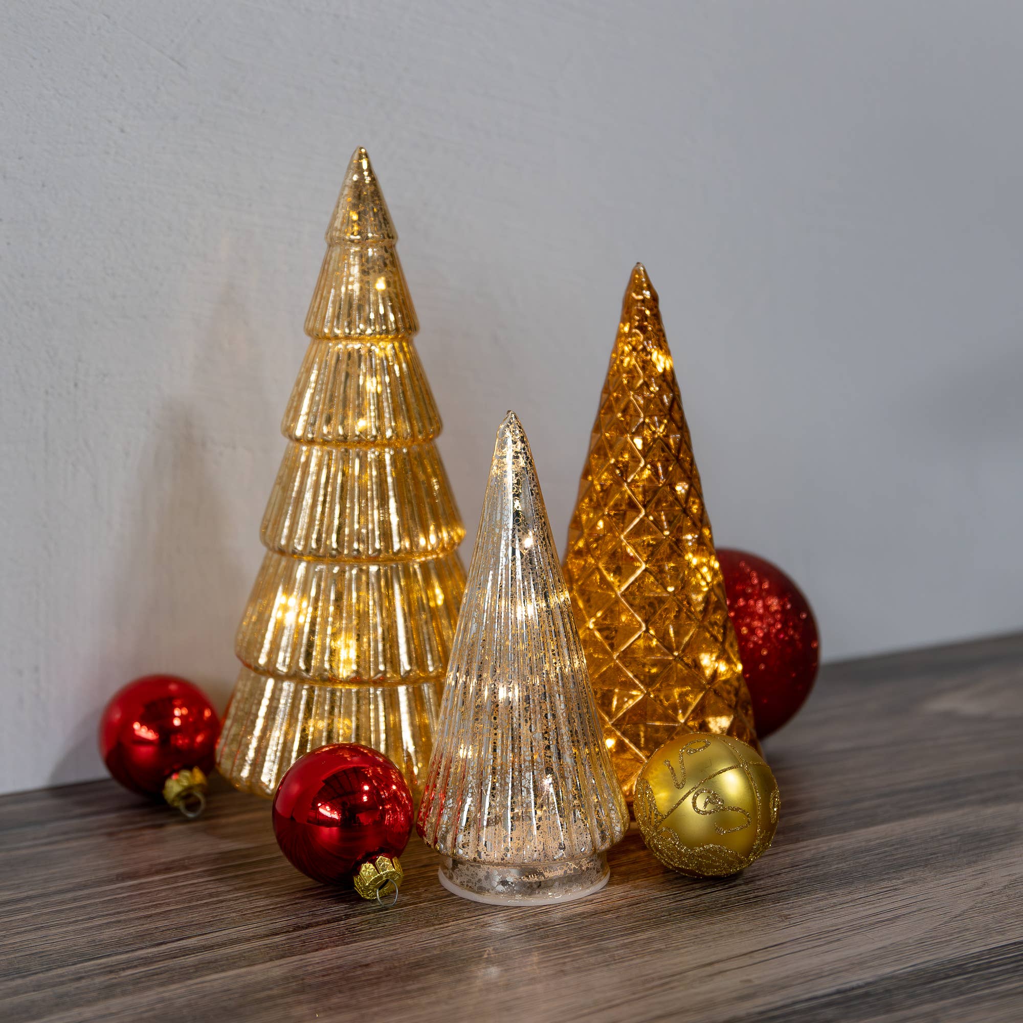 LumaBase - Wholesale Christmas Decoration - Battery-Operated Gold, Bronze & Silver Glass Trees, 3ct3