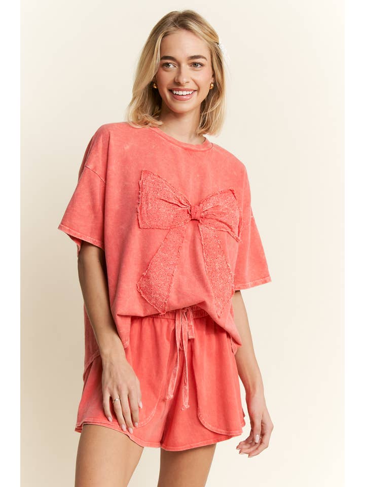 J.Her - Wholesale T-Shirt - Women's - MineralWash Ribbon bow half sleeve shirt HT6308