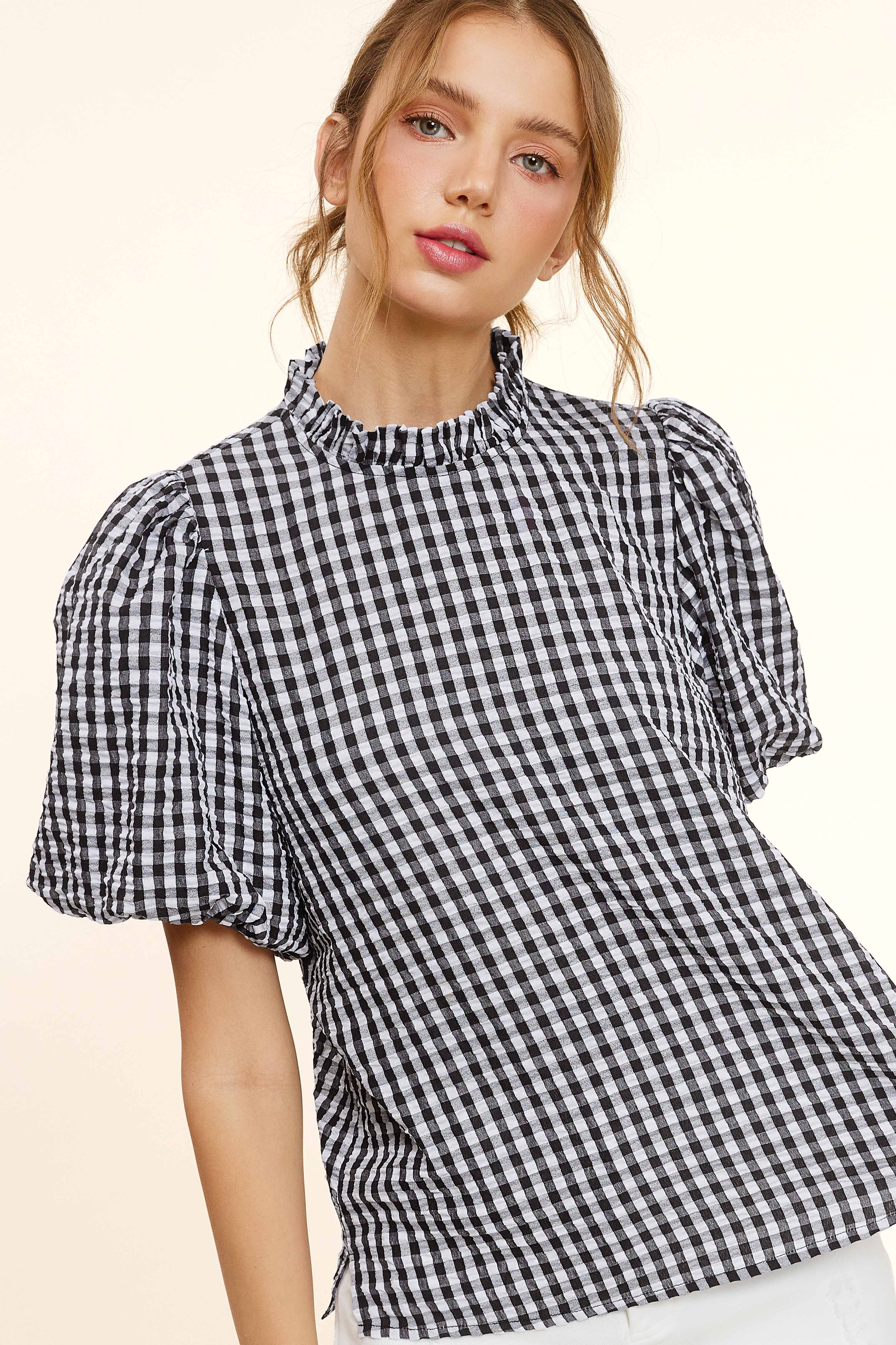 La Miel - Wholesale Blouse - Women's - HCT7697-Gingham Check Print Lovely Puff Short Sleeve Top15