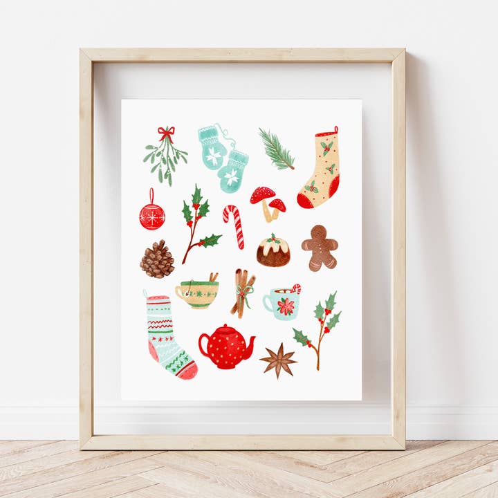 Cottage Christmas Art Print, Sweet Watercolor Home Wall Art for wholesale by Cailee Corbett