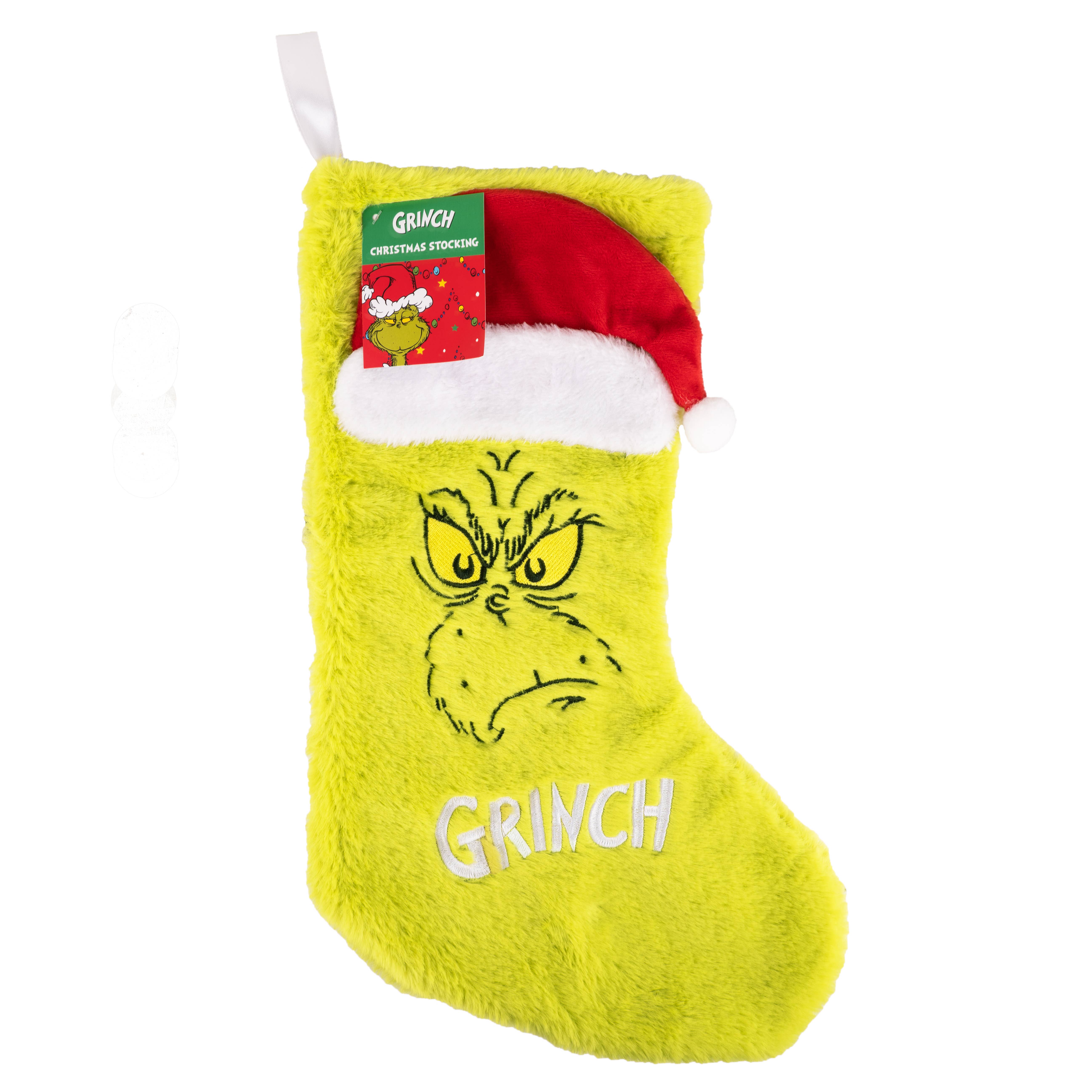 Fizz Creations Ltd - UK – wholesale Holiday Stocking – The Grinch Grumpy Face Fluffy Stocking – Plush Xmas Décor1