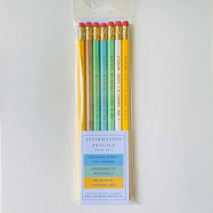 Affirmation Pencils for Kids | Pack of 7 | School Supplies for wholesale by Tiny Human Print Co.