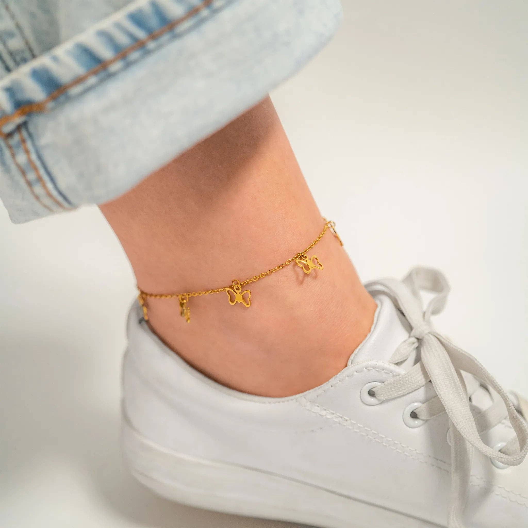 WJW - Wholesale Anklet - 18K Gold PVD Stainless Steel Butterfly Charm Anklet3