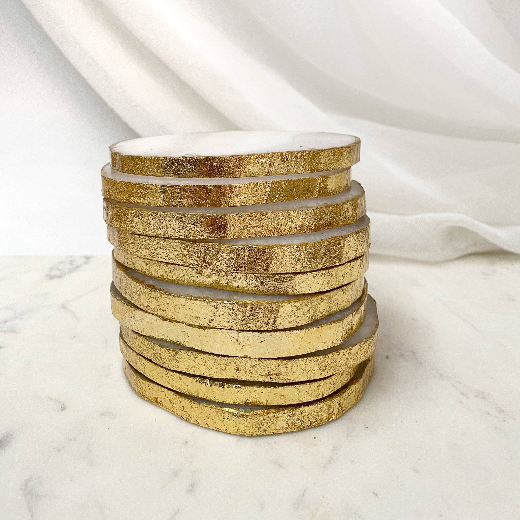 Zen Decor London – wholesale Coasters – White Quartz Round Agate electroplated coaster set2