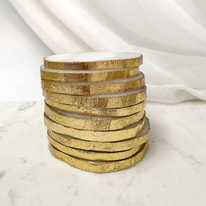 Zen Decor London – wholesale Coasters – White Quartz Round Agate electroplated coaster set2