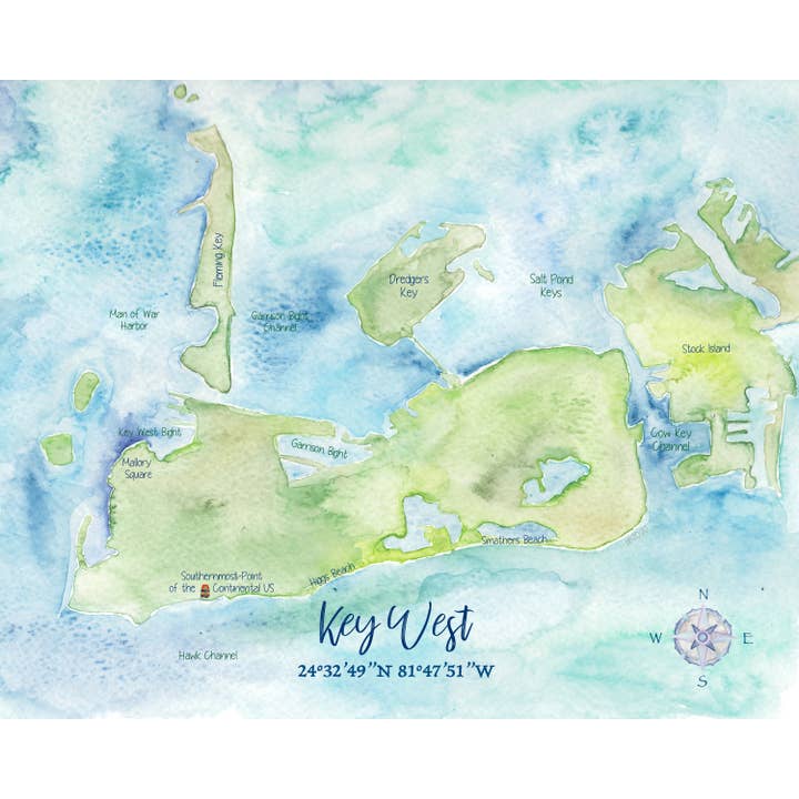 Key West FL Hand-painted Watercolor Map - Art Print for wholesale by Molly Joseph Fine Art