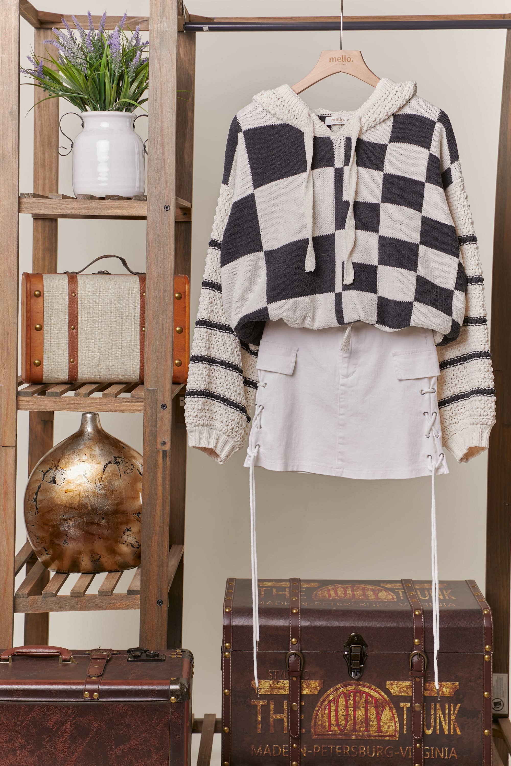 Mello. - Wholesale Knit Sweater - Women's - Hooded Multi Checker Drawstring Sweater8