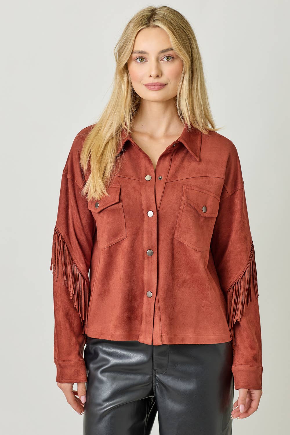 Mystree - Vendita all'ingrosso Giacca a camicia - Donna - 20609 Giacca Camicia in Suede con Dettaglio sul Retro a Frange25
