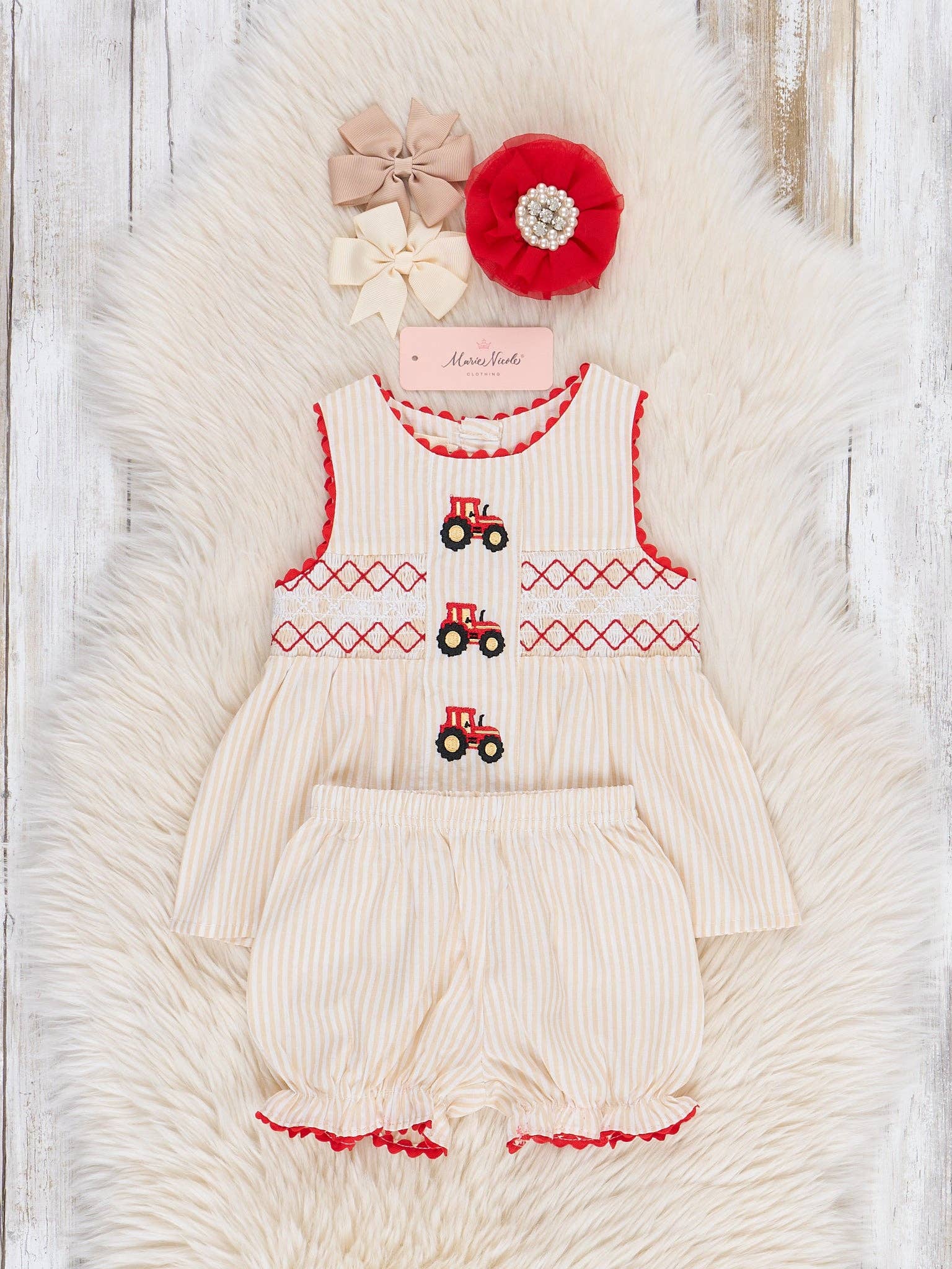 Marie Nicole Clothing - Wholesale Clothing Set - Baby - Embroidered Red Tractor Smocked Bloomers Outfit1