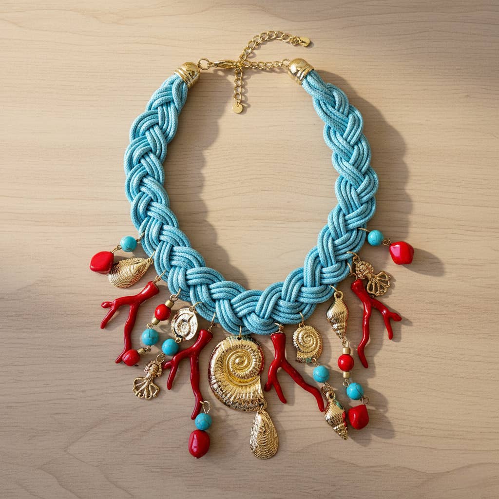 Bijoux Envie Statement Jewelry – wholesale Pendant/charm necklace – Blue Woven Seashell & Red Coral Collar Necklace | Statement