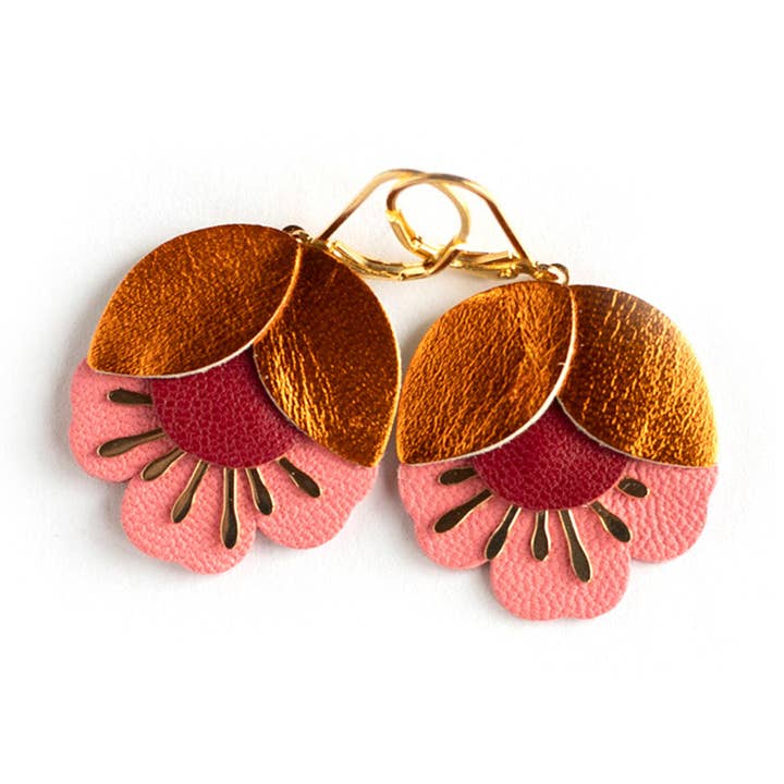 Cherry Flower Earrings – Metallic Orange, Red, Pink Leather for wholesale by Chenoha Studio