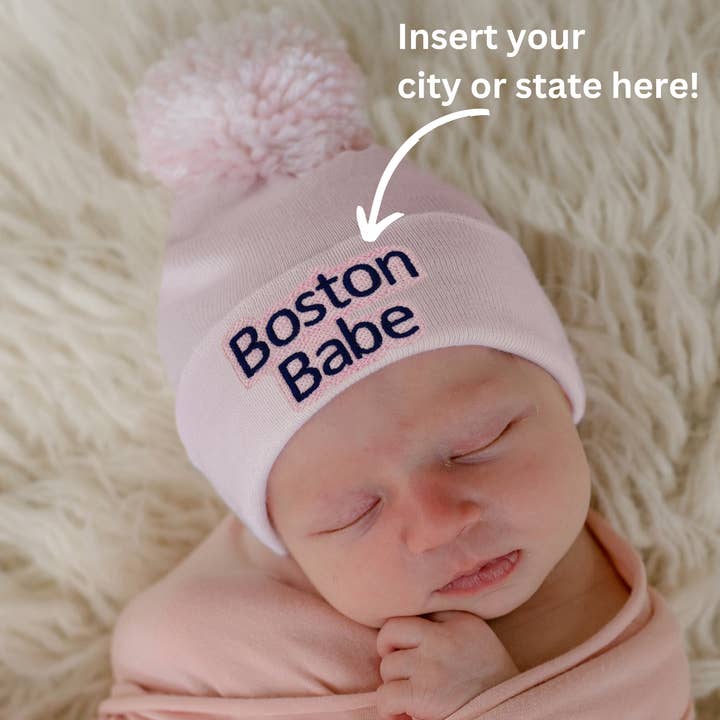 Boston Babe Hat Or ANY City or State Babe Baby Pom Pom Hat for wholesale by www.ilybean.com